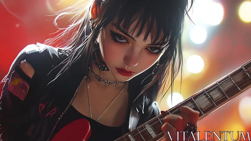 Intense cyberpunk guitarist in neon backlit concert scene.