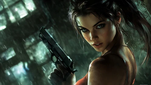 Rain-soaked tactical heroine with pistol in cinematic close-up