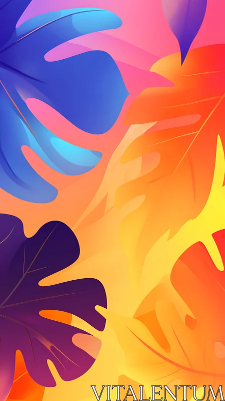 Vivid tropical leaves glow across sunset gradient field.