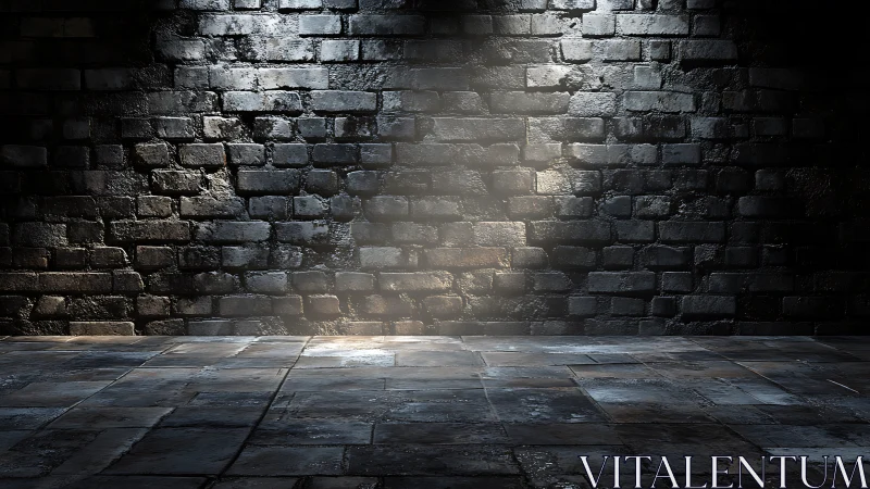 Moody stone wall with cold spotlight on worn floor.