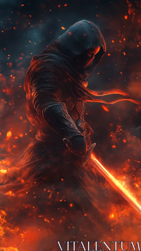 Hooded armored figure holds a glowing sword amid rising embers