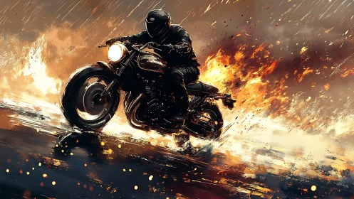 Motorcycle rider cuts through rain and flames in dynamic motion