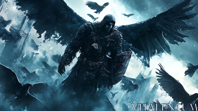 Winged shadow knight soaring through stormy ravenscape.