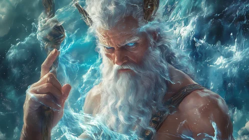 Mythic sea god portrait in dynamic luminous ocean surge.