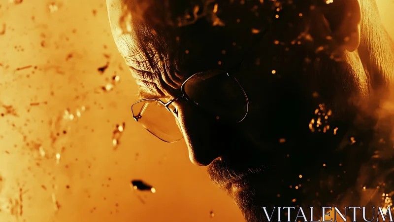 Side-lit bald man in profile within dynamic orange particle field