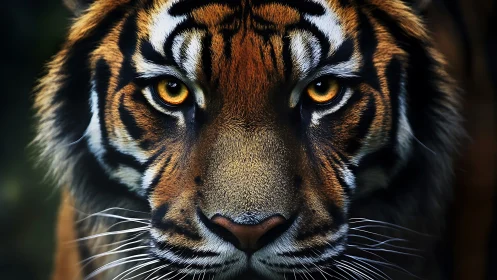 Tiger gaze dominates frame with intense golden focus