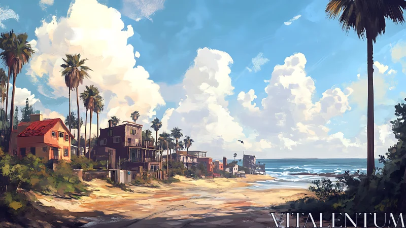Coastal Village Scene with Palm Trees and Ocean. Digital painting.