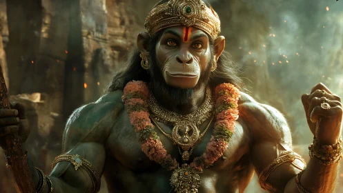 Simian warrior deity figure with ornate gold adornments.