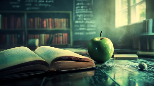 Whispering textbook and emerald apple in sunlit classroom hush.