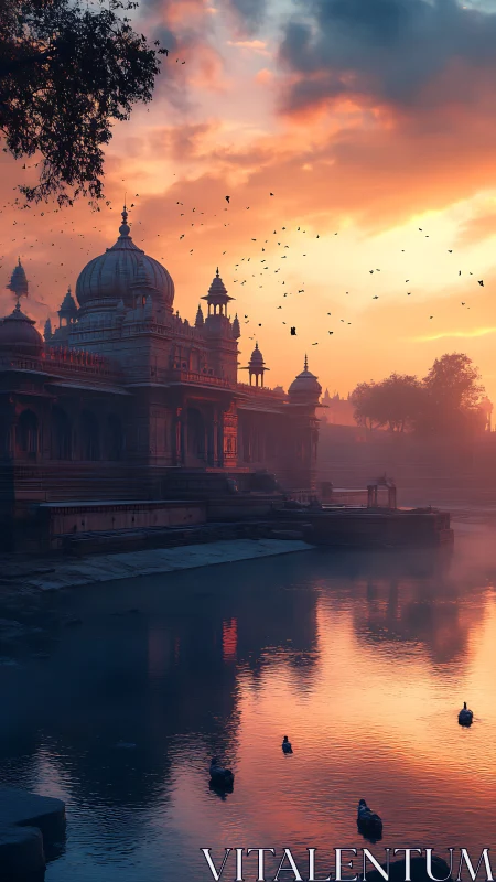 Photorealistic riverside temple at sunrise with reflective symmetry.