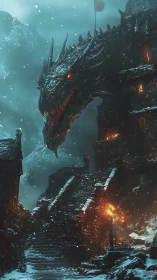 Dragon looms over stone fortress stairs in snowy night