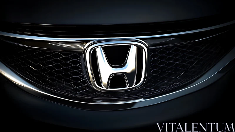 Chrome car emblem dominates glossy black grille closeup view