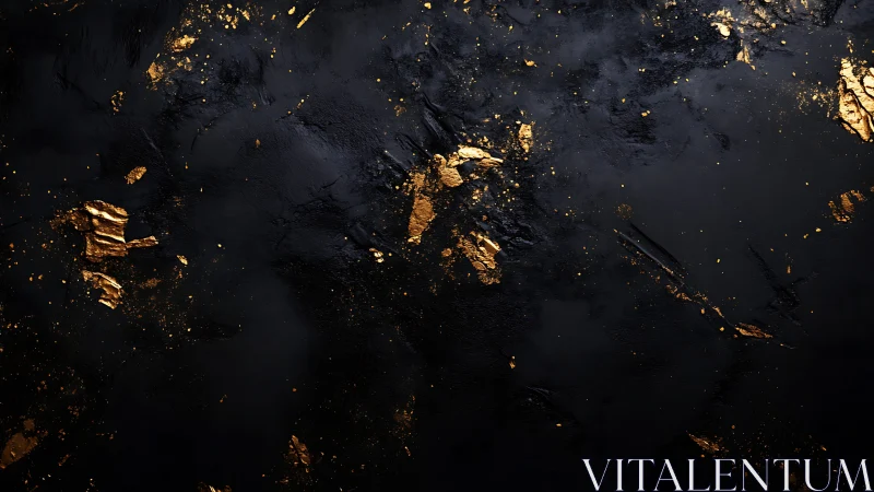 Textured black surface with scattered metallic gold fragments.