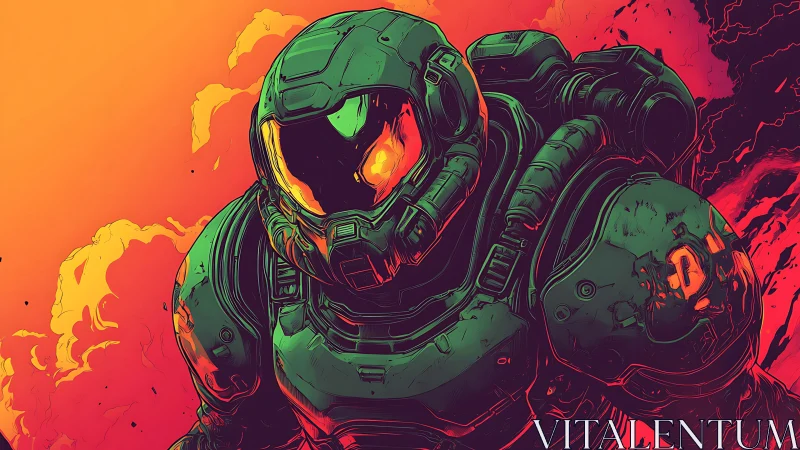 Armored voidrunner strides through molten sunset inferno.