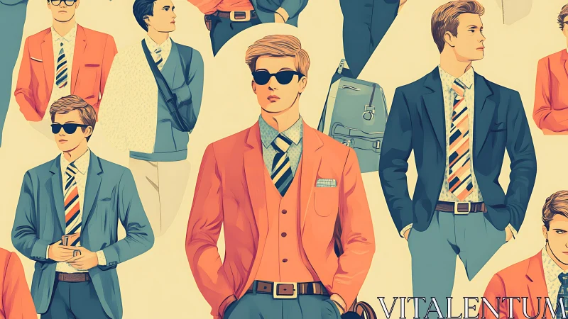 Stylized illustrations of young men in tailored suits.