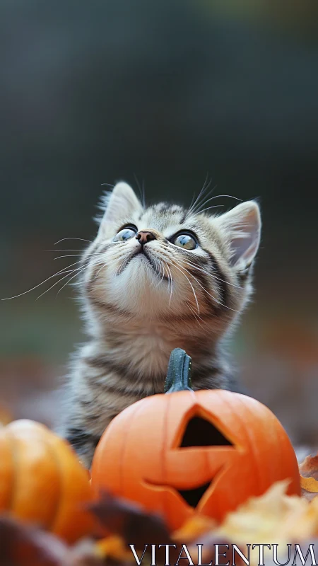 Kitten looking upward at carved jack-o-lantern pumpkin