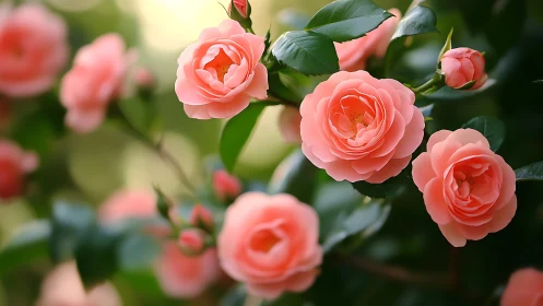 Coral garden roses bloom in lush natural light.