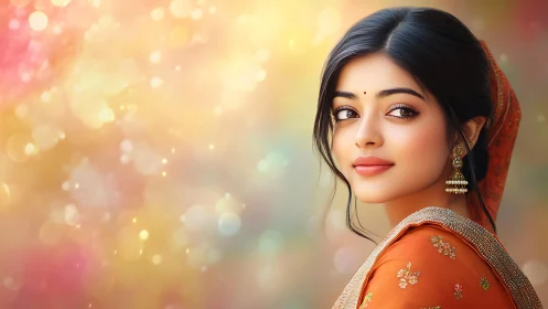 Graceful woman in orange sari against dreamy bokeh glow.