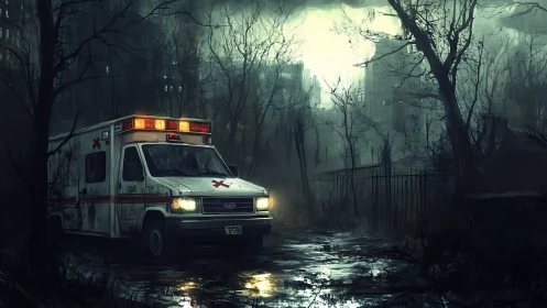 Haunted city ambulance idling in fog-drenched midnight ruins.