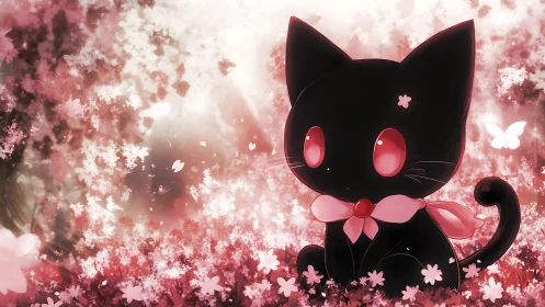 Chibi black cat in pink sakura glow fantasy meadow.