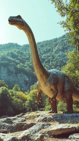 Sauropod dinosaur towering over rocky forest valley.
