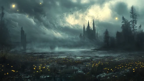 Moonlit marsh and distant castle wrapped in gentle mystery.