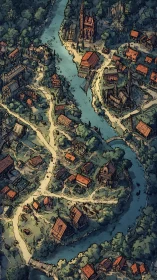 Medieval riverside village spreads along winding forest canal