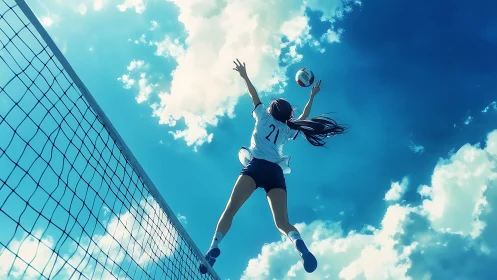 Skyline spike sends the lone volleyball player soaring high