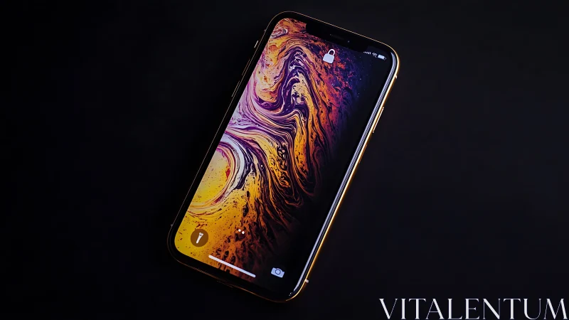 iPhone XS Max displaying swirling liquid marble digital wallpaper on black background.
