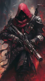 Red-hooded techno-assassin with rifle in burning ruins.
