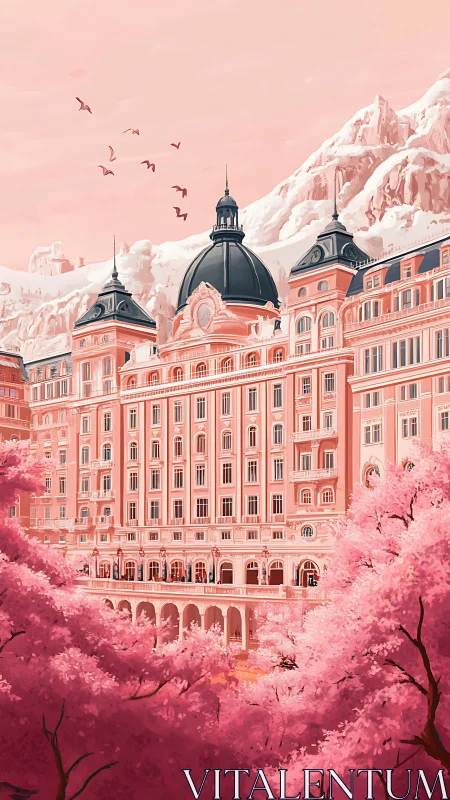 Grand pink palace rises amid cherry forest and snowy peaks.