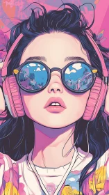 Stylized portrait of girl with headphones and sunglasses.