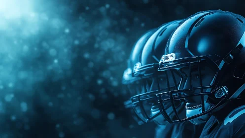 Football players in glistening helmets wait in electric blue haze