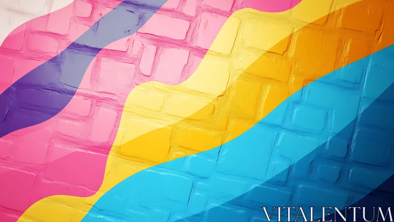 Colorful waves sweep across a textured brick wall mural.