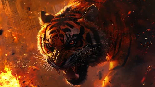 Blazing tiger spirit charges forward through swirling sparks