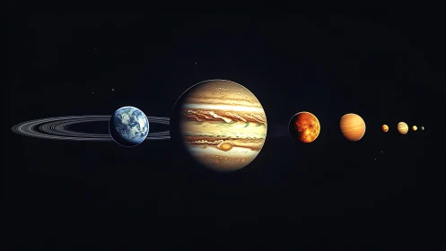 Solar system planets aligned in luminous deep space view