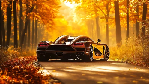 Golden supercar cruises through sunlit autumn forest road.