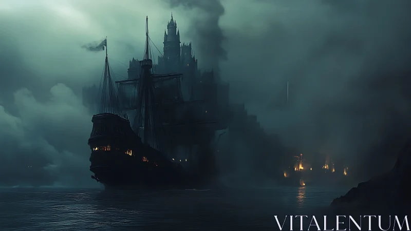 Storm-laden galleon approaches fortified citadel in dense fog