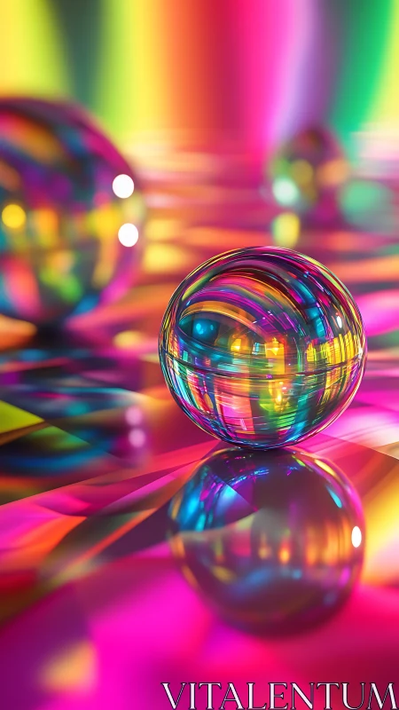 Transparent spheres rest on reflective, multicolor striped plane