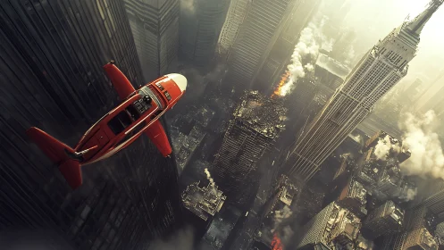 Red aircraft over damaged high rise cityscape at dusk.
