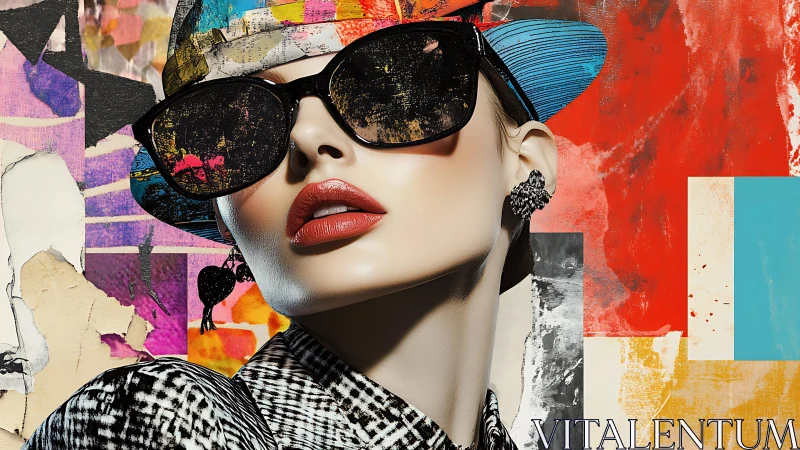 Stylish woman in sunglasses contrasts bold urban collage