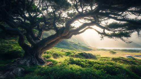 Twisting coastal tree leans into dawn’s mist-soaked meadow glow