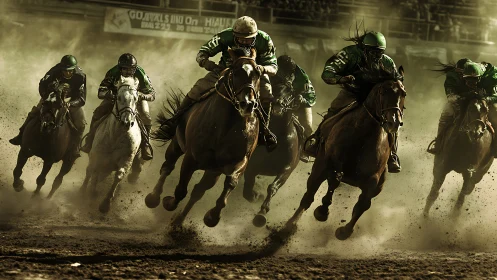 Thundering racehorses kick up storm clouds of stadium dust.