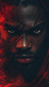 Intense warrior portrait shrouded in red digital smoke.