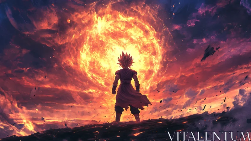 Warrior silhouette facing vast fiery celestial vortex.