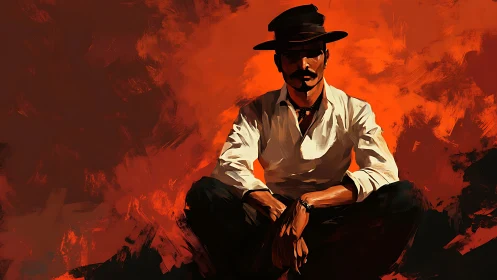 Solitary cowboy in crimson abstract desert light.