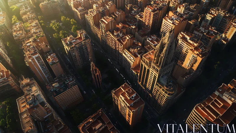Golden hour cityscape with gothic tower and dense blocks.