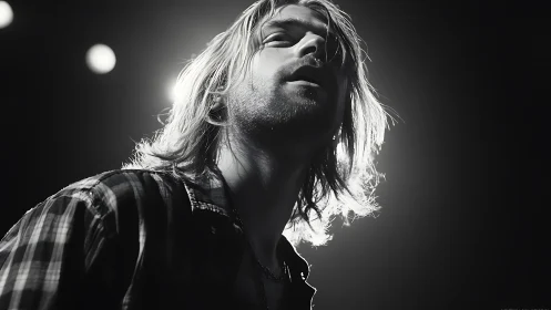Male musician in stage lighting, close-up monochrome view.