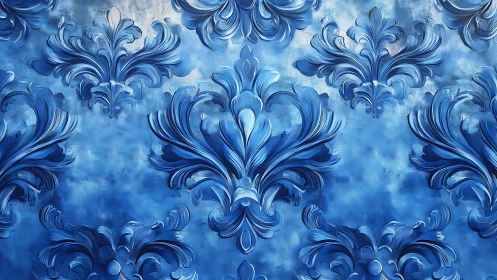 Elegant Baroque Floral Pattern in Blue, Digital Art Style.