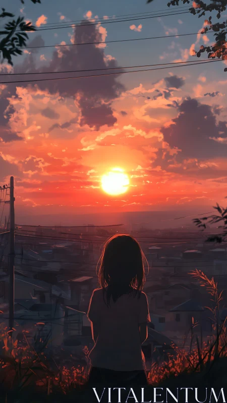 Solitary child watches blazing city sunset horizon glow.